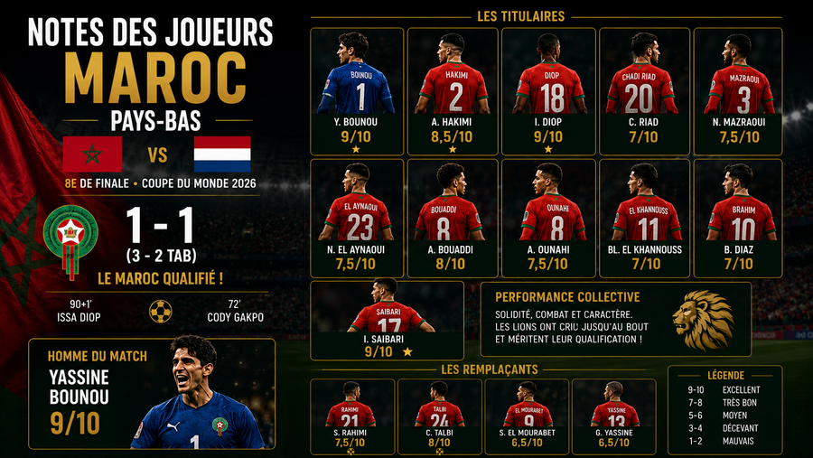 Les notes des joueurs du Maroc contre les Pays-Bas : qui a brillé lors du 8e de finale ?
