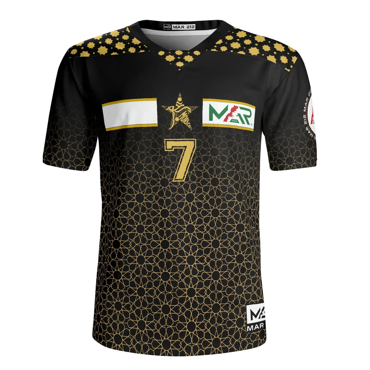 Maillot Maroc foot Noir personnalisé prénom Calligraphie Arabe et numéro motif doré zellige Marocain