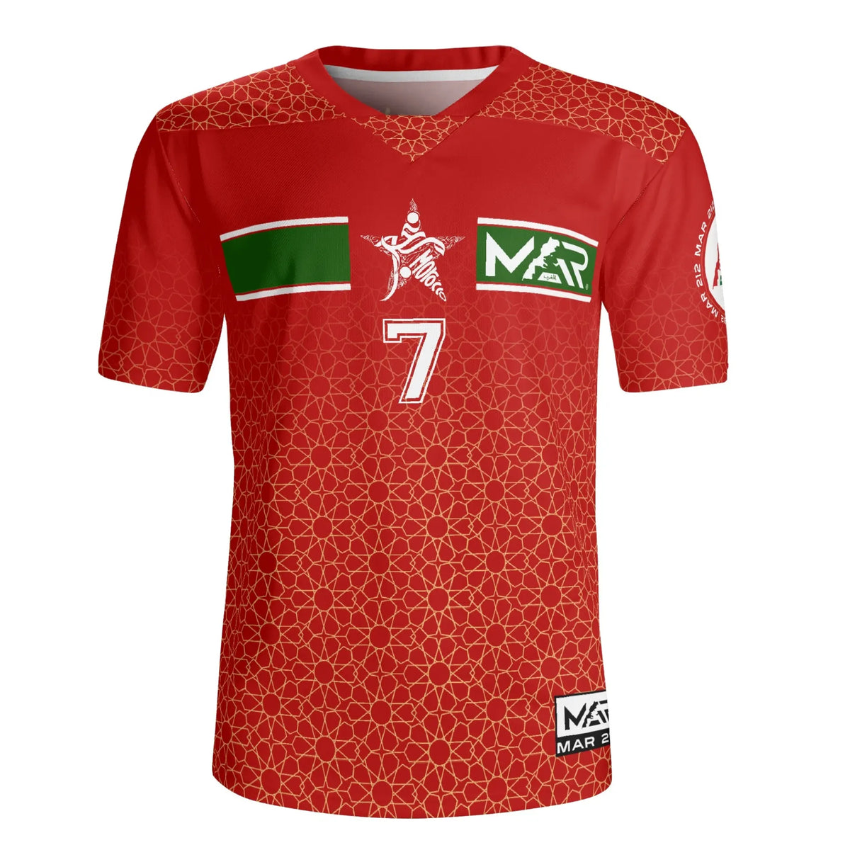 Maillot Maroc foot Rouge personnalisé prénom et numéro motif zellige Marocain