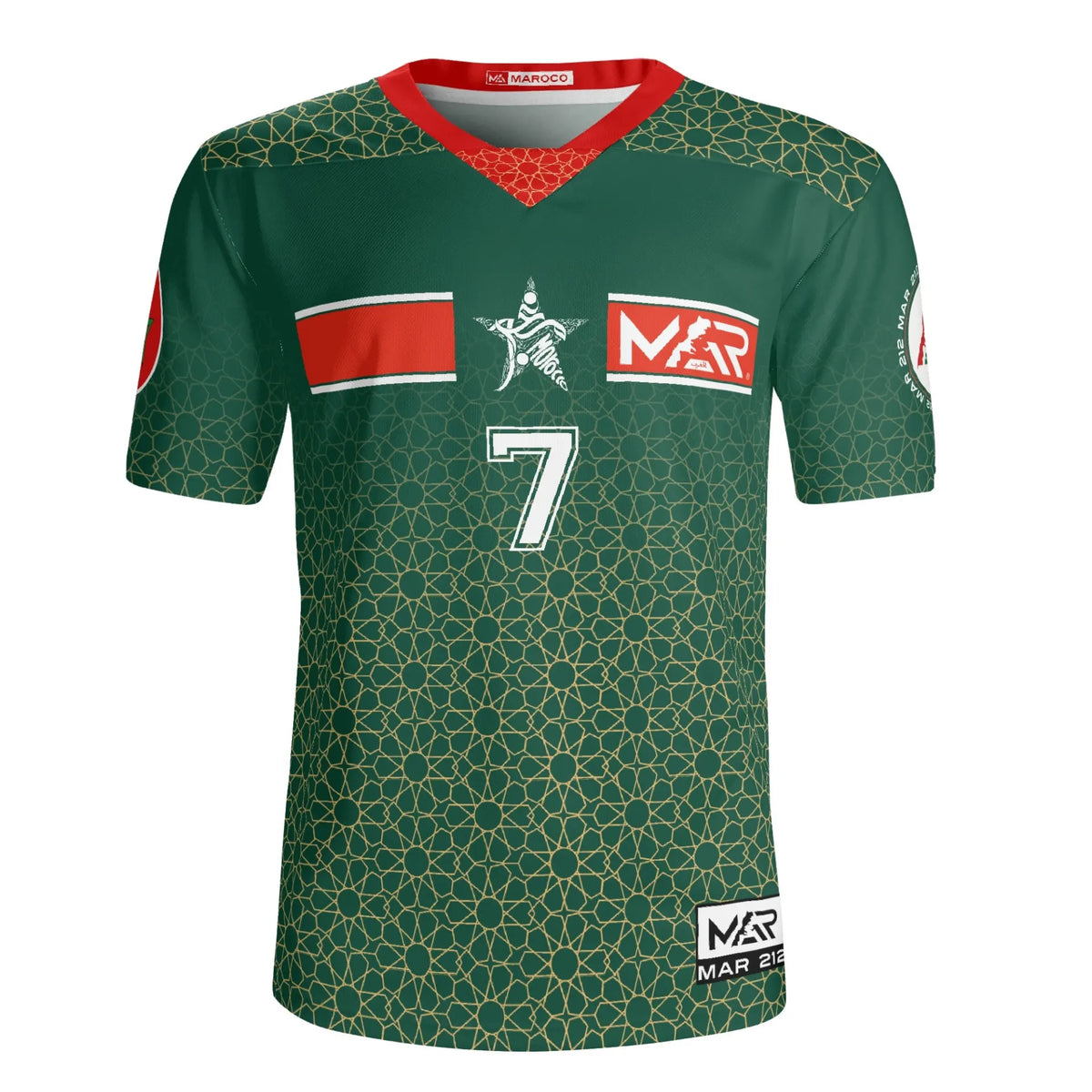 Maillot Maroc foot Vert personnalisé prénom et numéro motif doré zellige Marocain CAN 2024