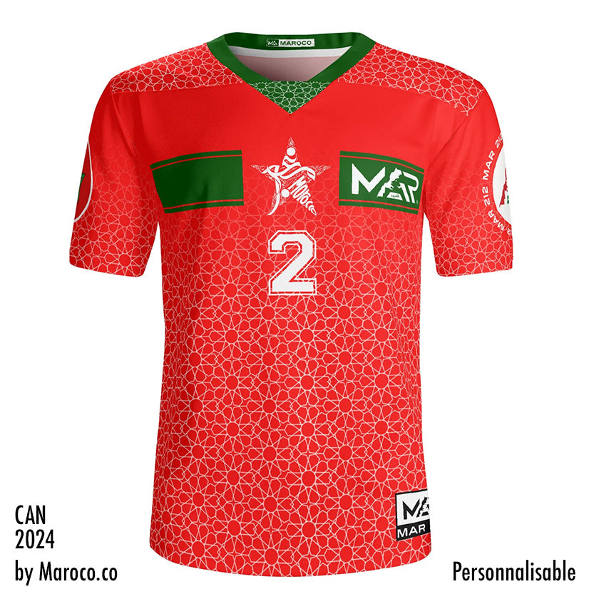 Maillot Maroc Rouge Collection CAN 23/24 Mosaïque By Maroco personnalisable