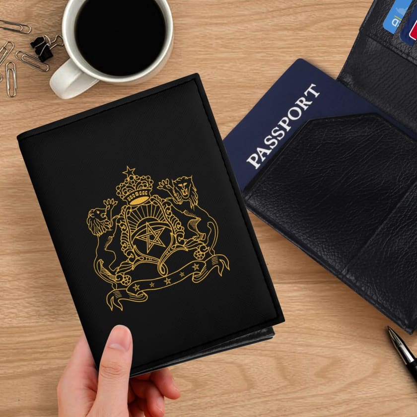 Étui passeport Cuir noir Emblème du Maroc