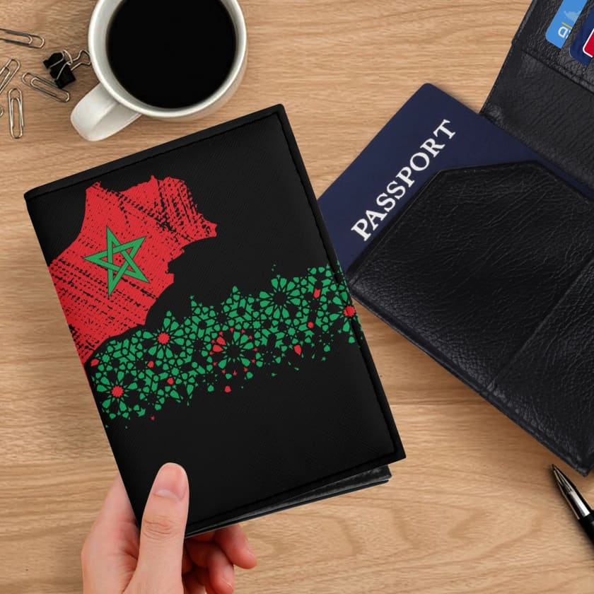 Étui passeport Noir carte du Maroc