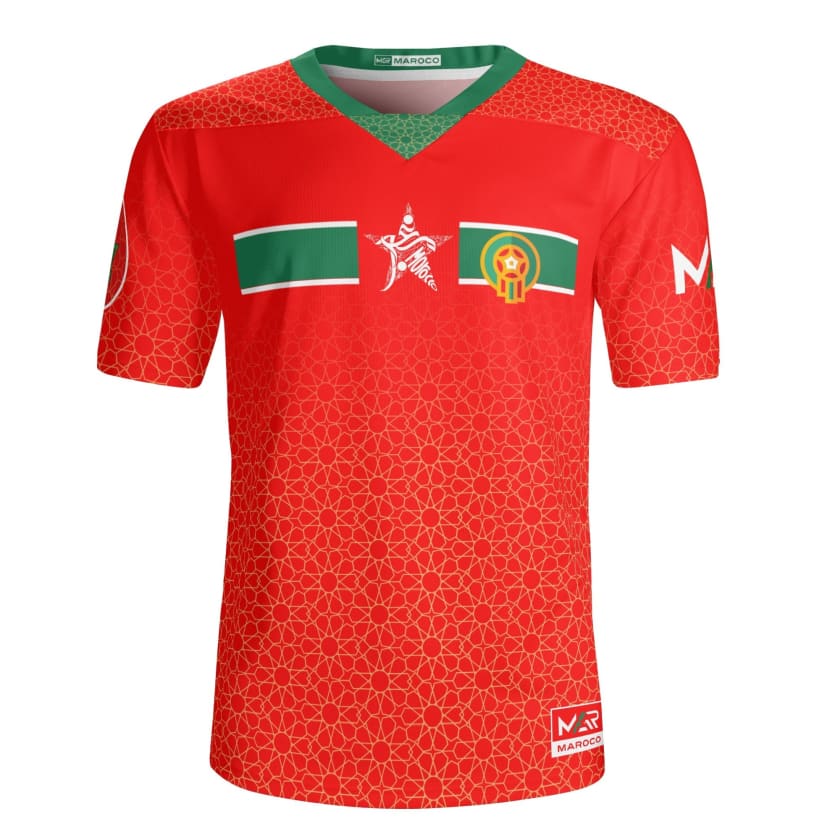 Le Maillot A Pors Rouges Maillot Maroc CAN 23/24 Rouge Gold Collection Mosaïque By Maroco TFT ...
