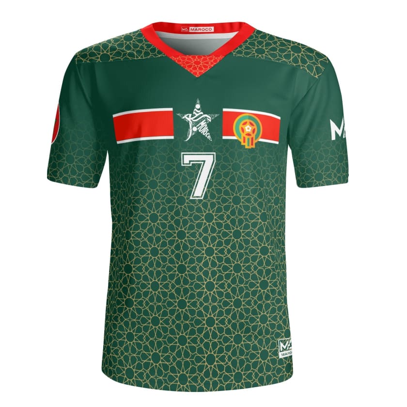 Maillot Maroc foot Vert personnalisé prénom et numéro motif doré