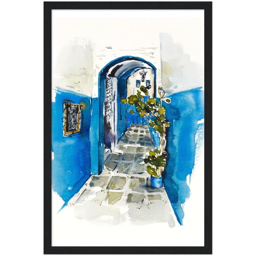 Poster dessin aquarelle ruelle chefchaouen Maroc encadré en