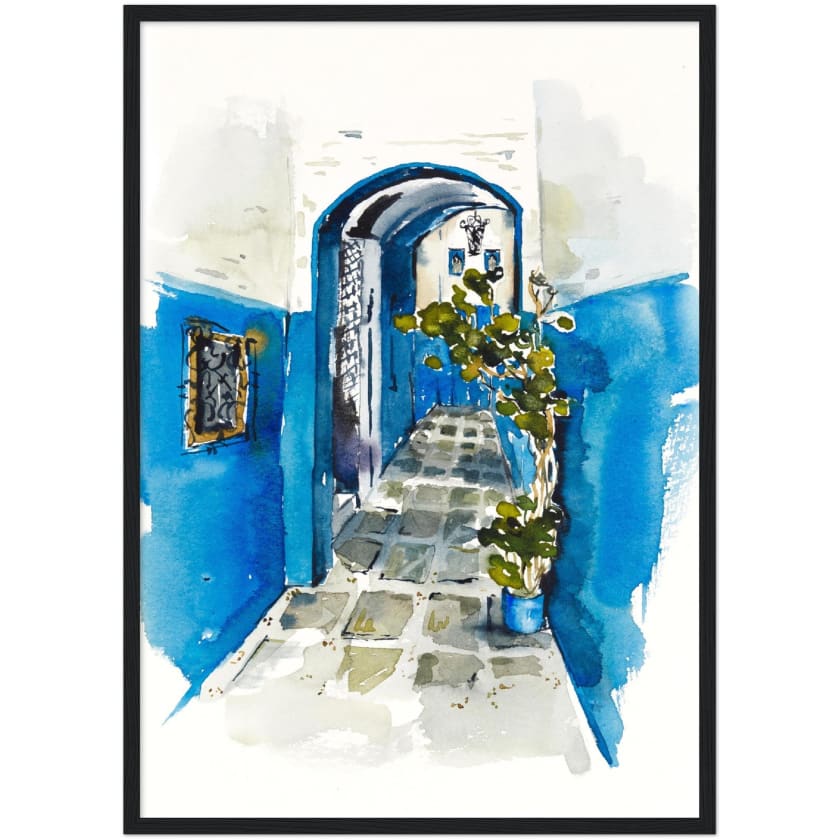 Poster dessin aquarelle ruelle chefchaouen Maroc encadré en