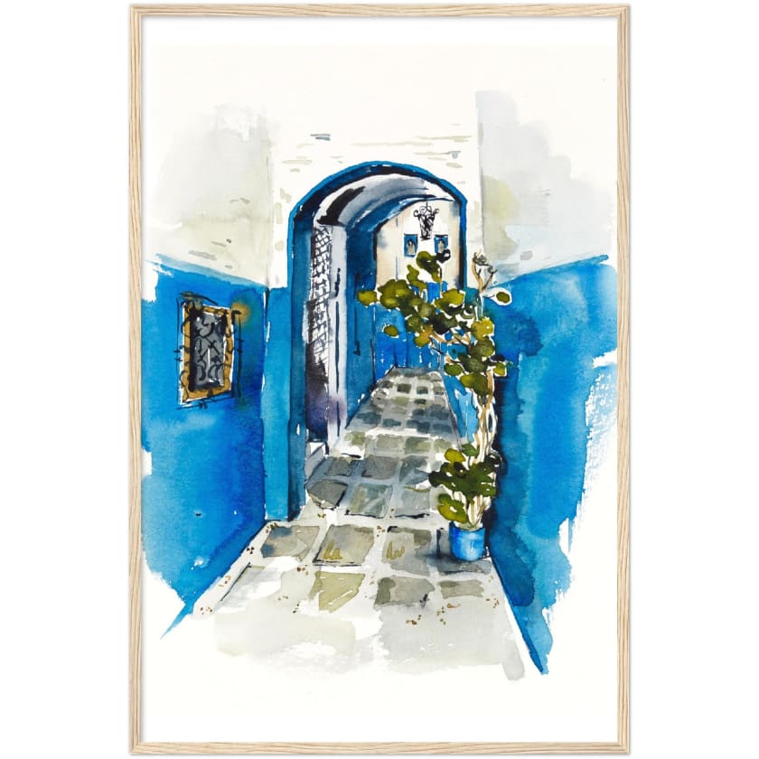 Poster dessin aquarelle ruelle chefchaouen Maroc encadré en