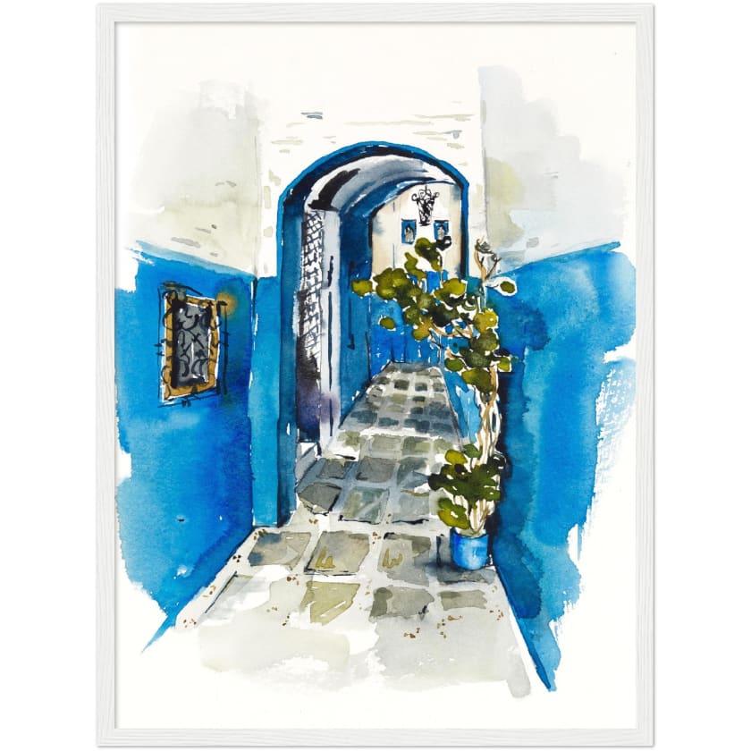 Poster dessin aquarelle ruelle chefchaouen Maroc encadré en