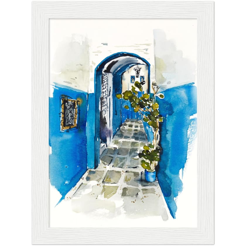 Poster dessin aquarelle ruelle chefchaouen Maroc encadré en