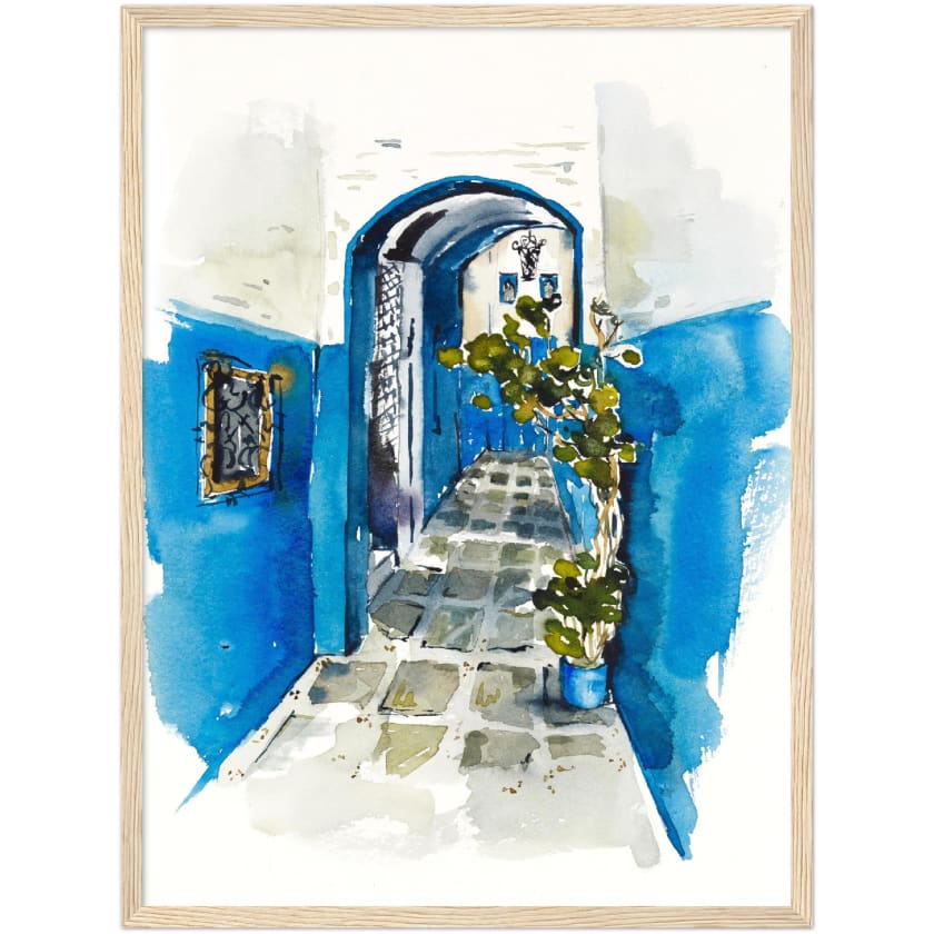 Poster dessin aquarelle ruelle chefchaouen Maroc encadré en