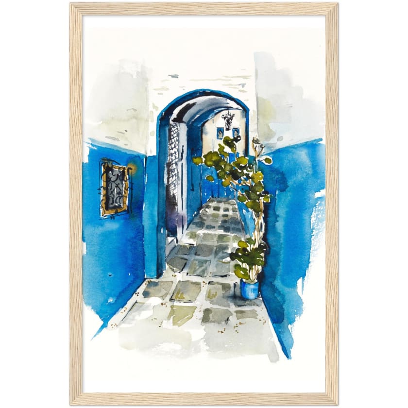 Poster dessin aquarelle ruelle chefchaouen Maroc encadré en