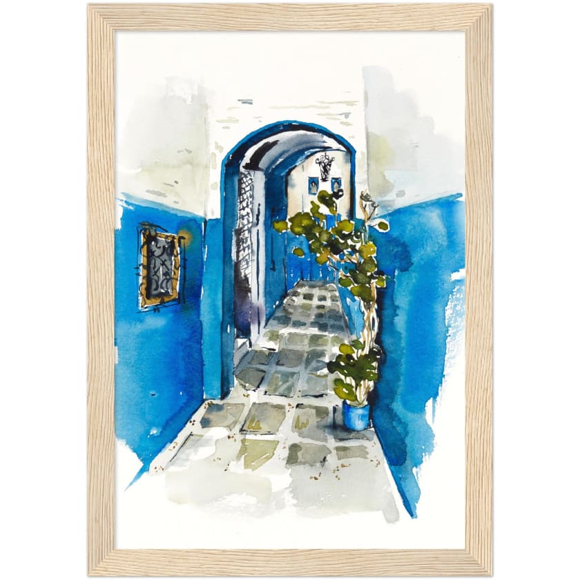 Poster dessin aquarelle ruelle chefchaouen Maroc encadré en