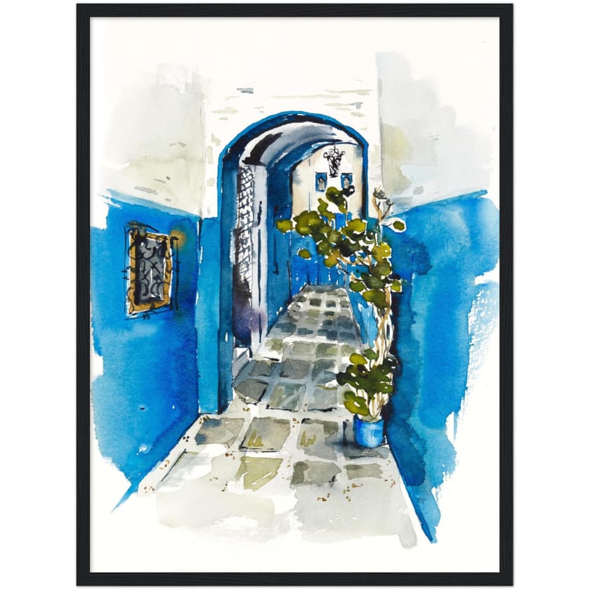 Poster dessin aquarelle ruelle chefchaouen Maroc encadré en
