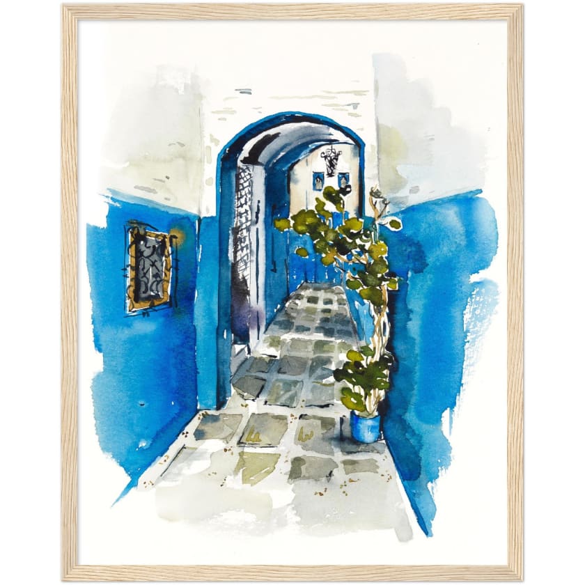 Poster dessin aquarelle ruelle chefchaouen Maroc encadré en