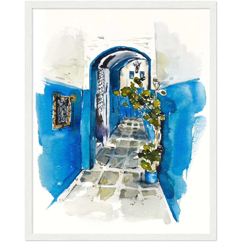 Poster dessin aquarelle ruelle chefchaouen Maroc encadré en
