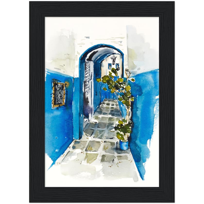 Poster dessin aquarelle ruelle chefchaouen Maroc encadré en