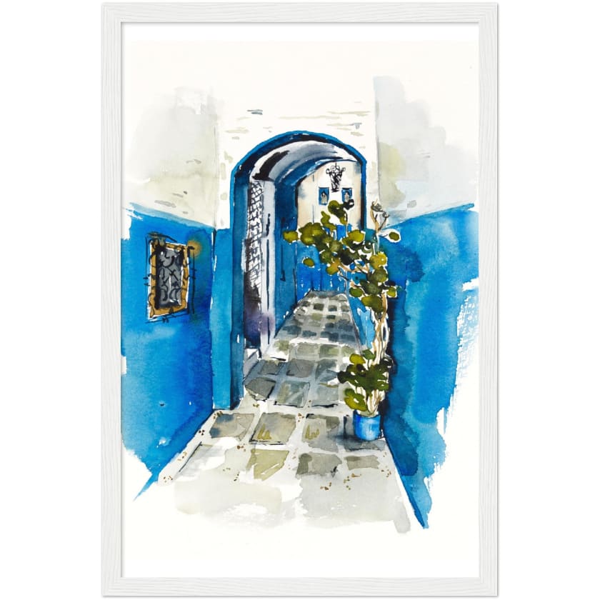 Poster dessin aquarelle ruelle chefchaouen Maroc encadré en