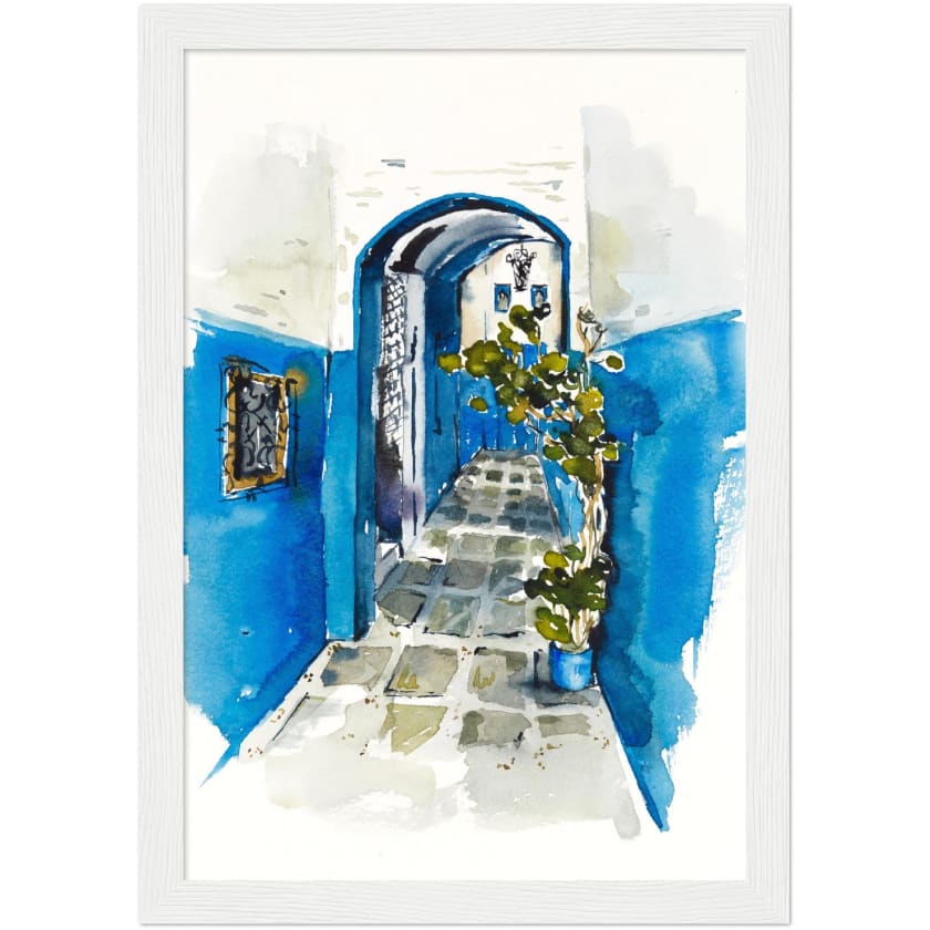 Poster dessin aquarelle ruelle chefchaouen Maroc encadré en