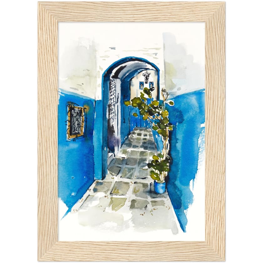 Poster dessin aquarelle ruelle chefchaouen Maroc encadré en