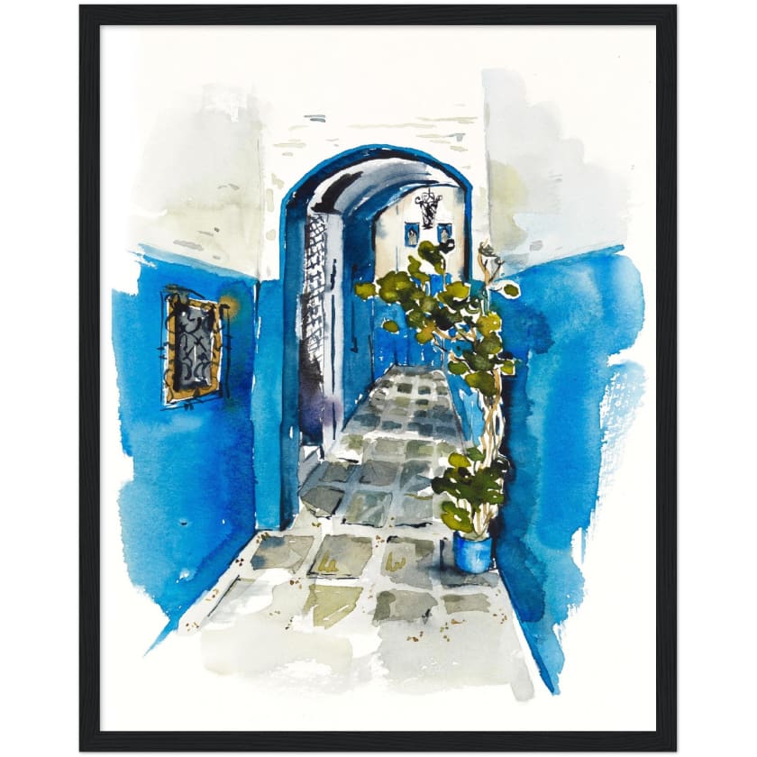 Poster dessin aquarelle ruelle chefchaouen Maroc encadré en