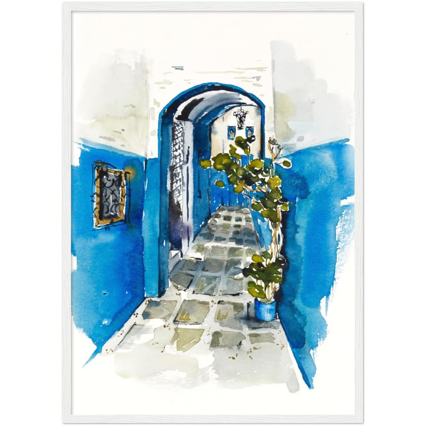 Poster dessin aquarelle ruelle chefchaouen Maroc encadré en