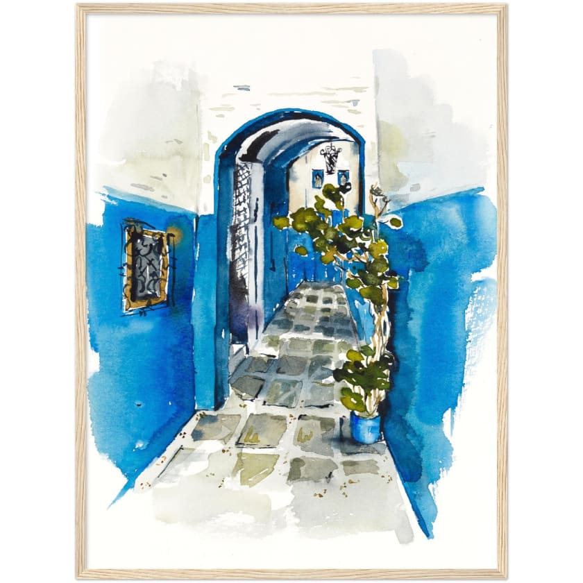Poster dessin aquarelle ruelle chefchaouen Maroc encadré en