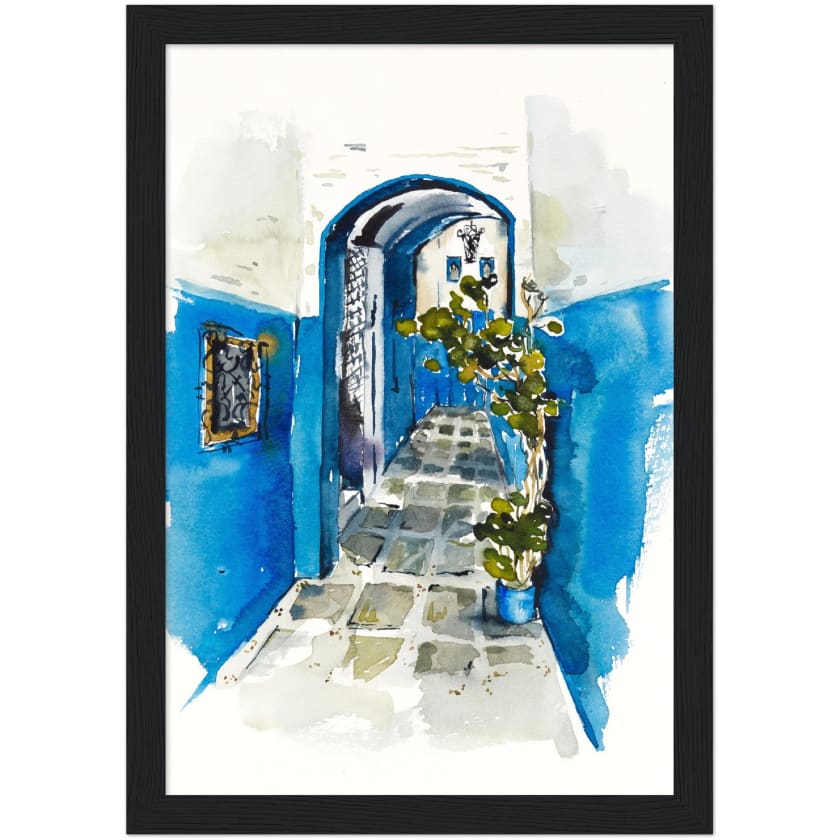 Poster dessin aquarelle ruelle chefchaouen Maroc encadré en