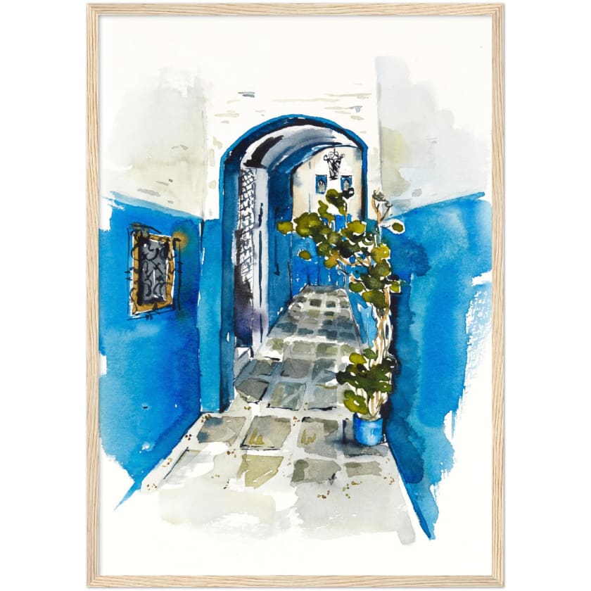 Poster dessin aquarelle ruelle chefchaouen Maroc encadré en