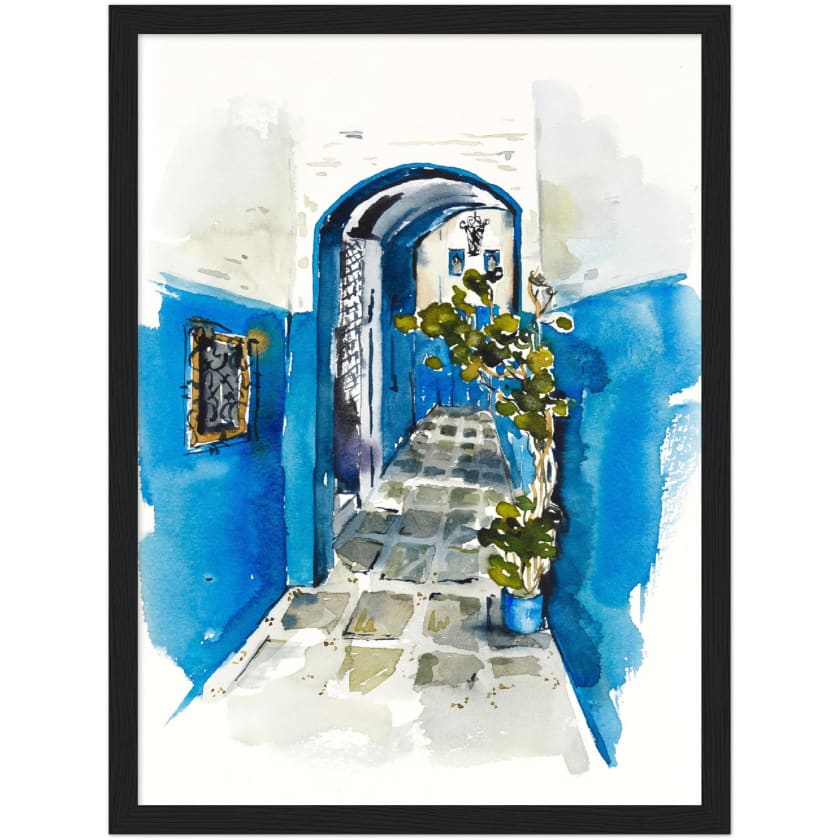 Poster dessin aquarelle ruelle chefchaouen Maroc encadré en
