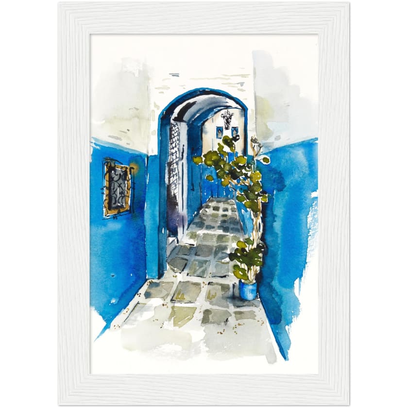 Poster dessin aquarelle ruelle chefchaouen Maroc encadré en