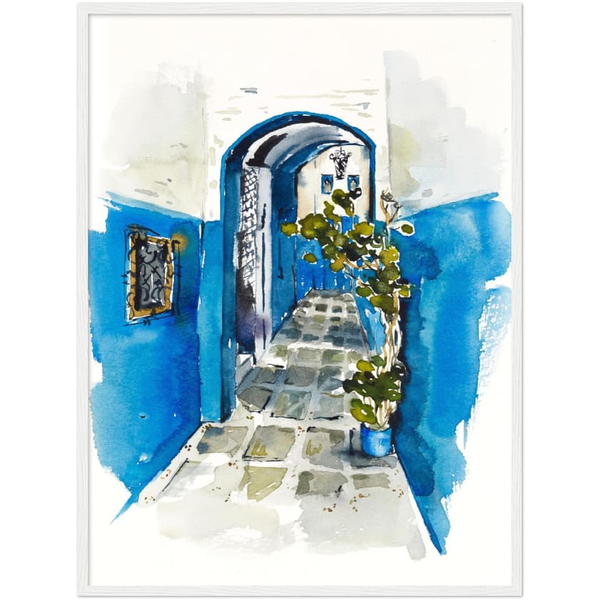 Poster dessin aquarelle ruelle chefchaouen Maroc encadré en