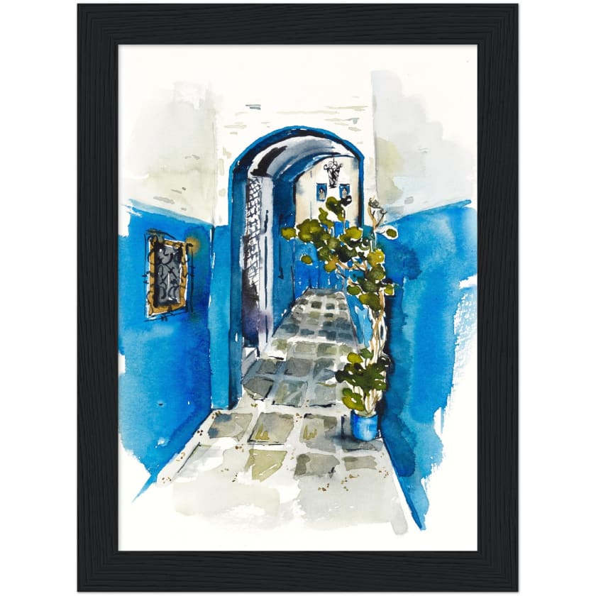 Poster dessin aquarelle ruelle chefchaouen Maroc encadré en