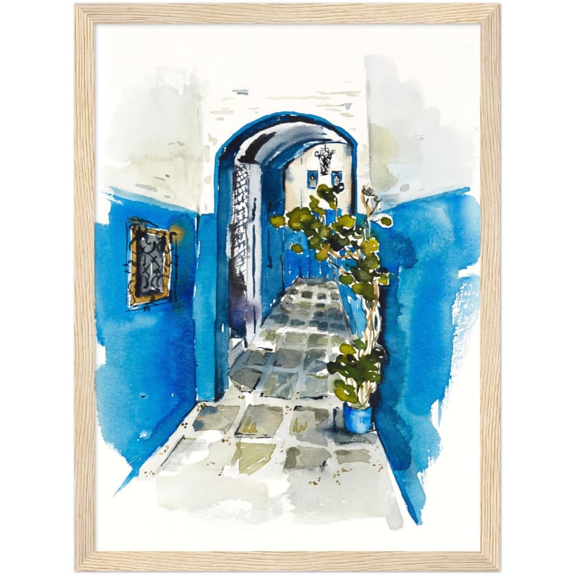 Poster dessin aquarelle ruelle chefchaouen Maroc encadré en