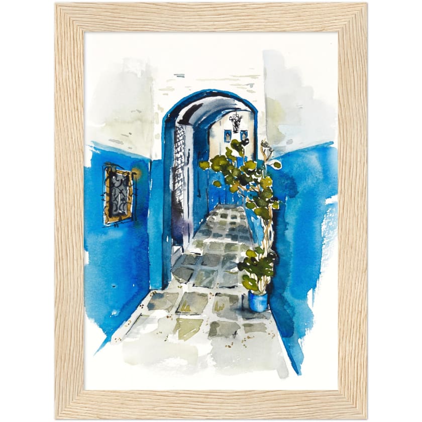 Poster dessin aquarelle ruelle chefchaouen Maroc encadré en