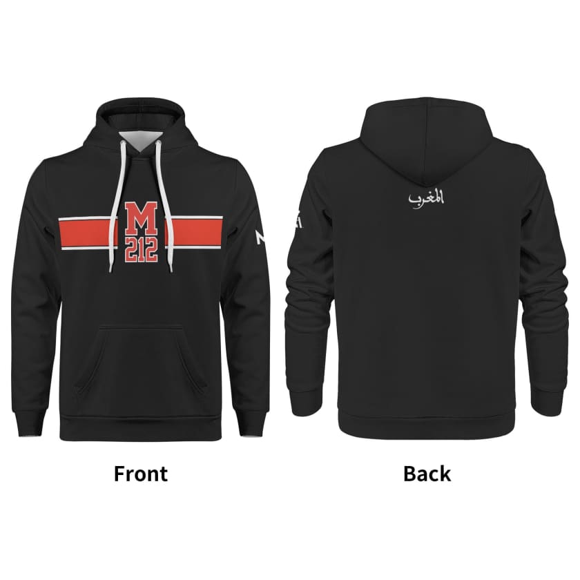 Sweat à capuche Maillot Maroc Noir M212 bande rouge unisexe