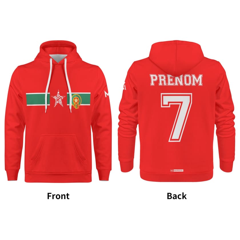 Sweat à capuche Maillot Maroc rouge personnalisation prénom
