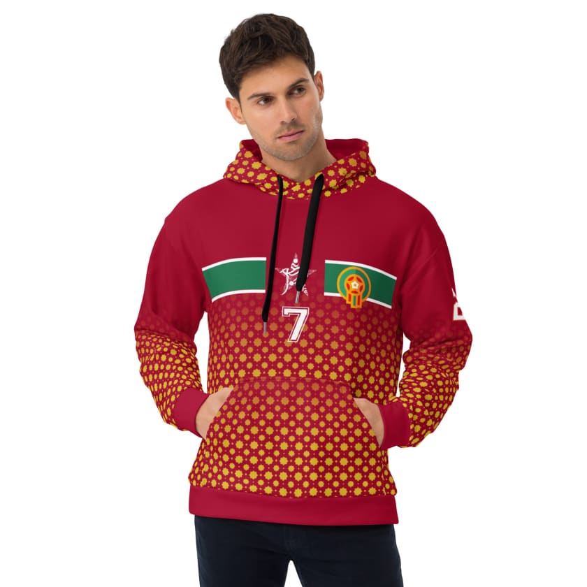 Sweat à Capuche Maillot Maroc Rouge personnalisé Prénom