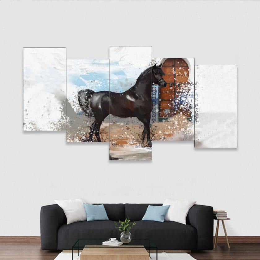 Tableau cheval Arabe noir encadrés 5 pièces